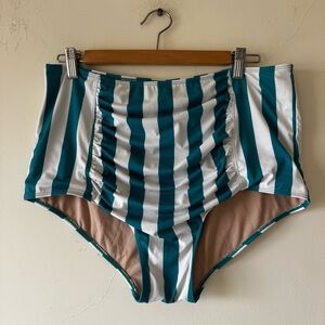 Kortni Jeane ruched turquoise Striped High-Waisted Bikini Bottom